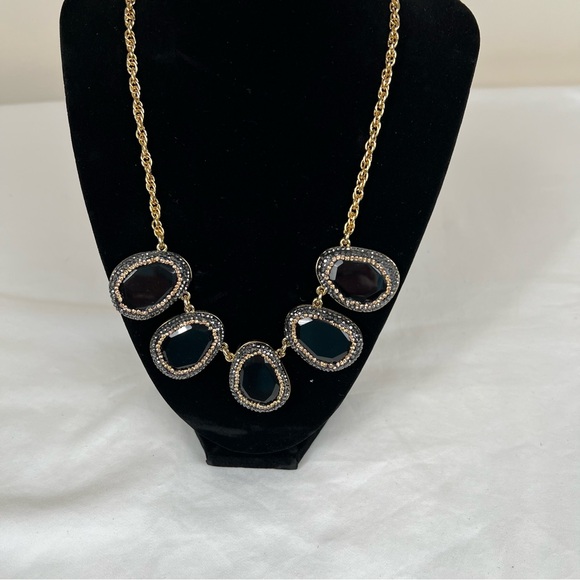 Talbots Black stone gold necklace w/ black & rose gold crystal edging. Statement - Picture 2 of 6